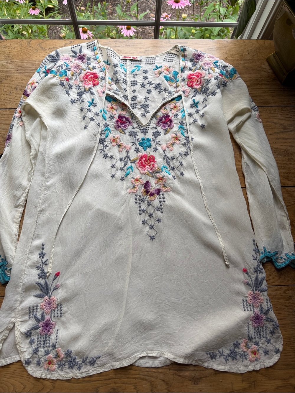 Johnny Was Cream Embroidered V-Neck Tunic with Pink, Blue, Purple Accents